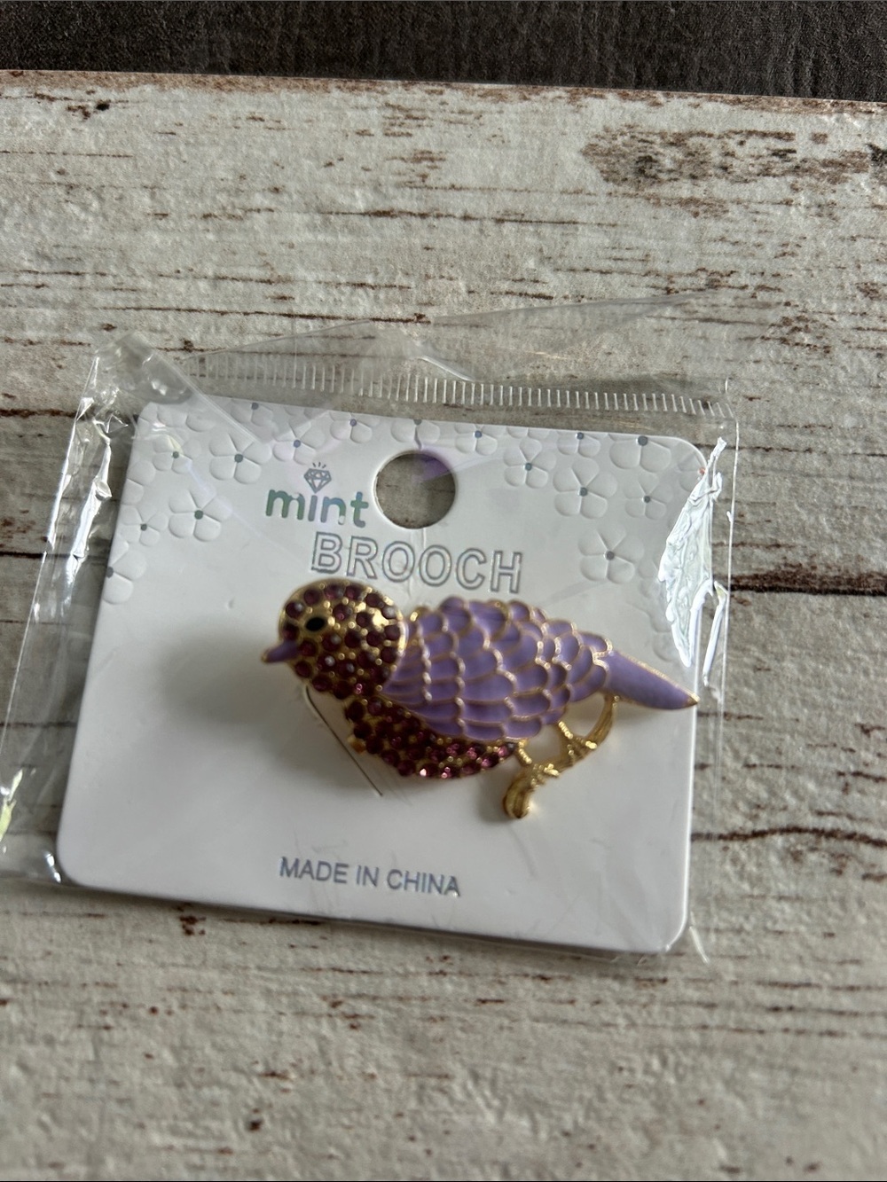 5/$25 Mint Bird Brooch in Purple and Gold